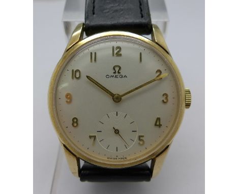 A 9ct gold cased Omega manual wind wristwatch, 17 jewels, working. Case diameter 34mm