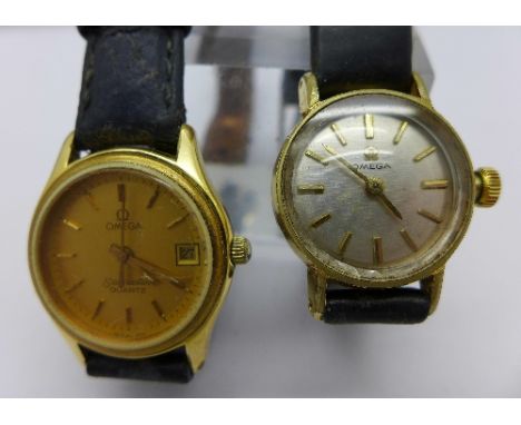Two lady's Omega manual wind and quartz wristwatches, working. Case diameter 25 & 23mm