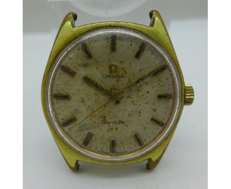 A gold plated Omega Geneve manual wind wristwatch, 601 calibre, 17 jewels, working. Case diameter 35mm