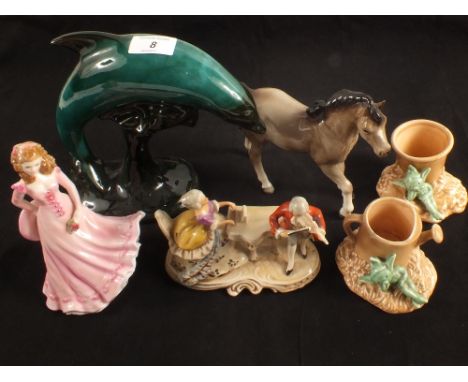 A bird decorated tray containing Royal Worcester Sarah, animal and figure ornaments