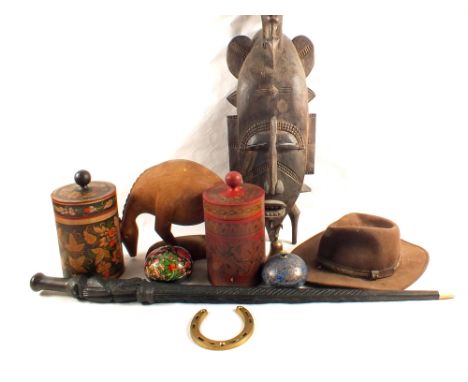 An African carved walking stick, mask and bush hat plus sundries