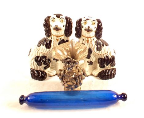 A pair of Victorian Staffordshire dogs, Nailsea blue glass rolling pin plus a German silver lustre vase