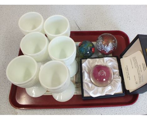 A Caithness paperweight, Reflections plus two others and six milk glass goblets