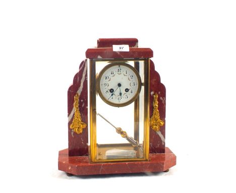 A French variegated rouge marble and brass four glass mantel clock