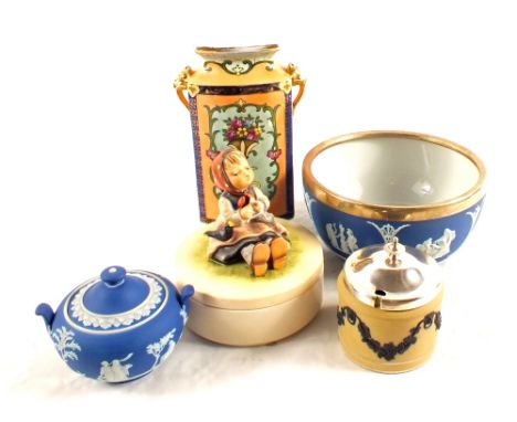 Three pieces of Wedgwood Jasperware, a Goebels lidded pot plus a Noritake floral vase