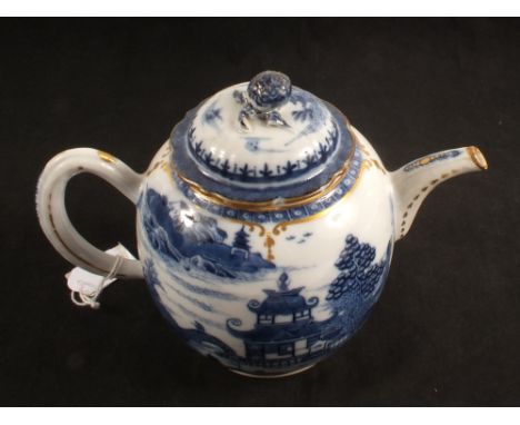 An 18th Century Chinese Willow pattern teapot (light chips to rims and cover hairline cracks), height 6"