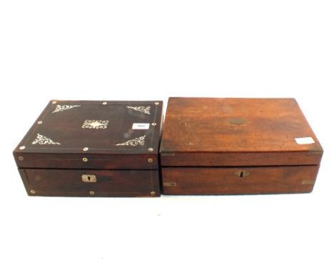 A mahogany writing slope plus a rosewood and mother of pearl sewing box
