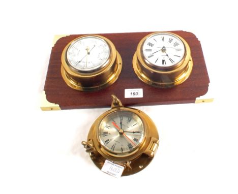 A brass ships clock and mantel clock plus barometer