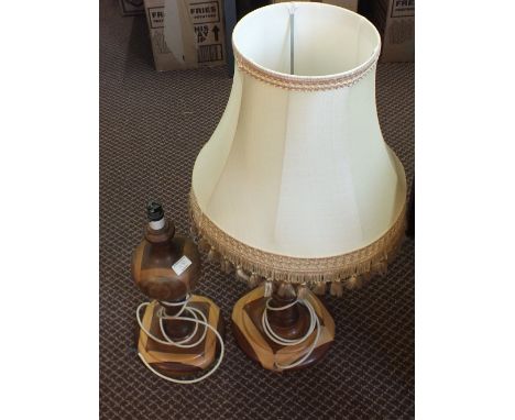 A chrome and mottled glass oil lamp plus two marquetry wooden table lamps