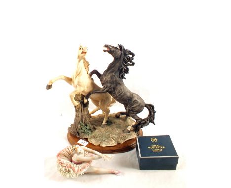 A resin model of two horses signed B.Amra, a pair of Royal Worcester egg coddlers plus a porcelain ballerina 