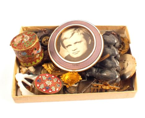 A lady's watch, badges, buttons etc including a Guilloche enamel frame