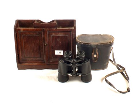 An oak smokers cabinet and pipes plus Photax 8x40 binoculars