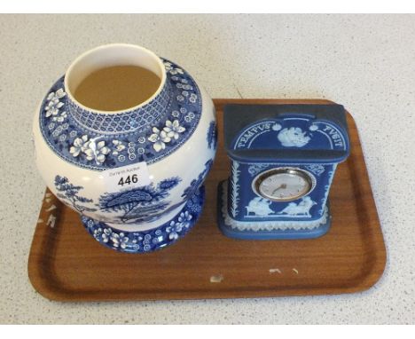 A Wedgwood blue Jasperware clock plus a Spode Blue Tower vase