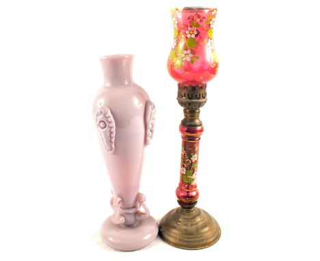 A pink glass candle lamp plus a lilac art glass vase