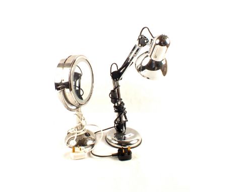 A chrome angle poise lamp plus an illuminated vanity mirror 