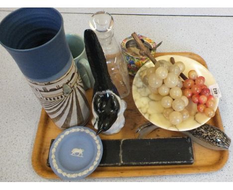Various china and glass including Booths teapot, marble grapes, Aynsley and other china etc (two trays)