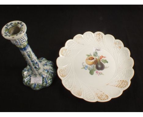 A Meissen floral painted plate plus a Mosanic candlestick (candlestick as found)