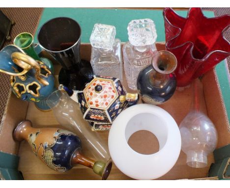 A pair of Royal Doulton stoneware vases (as found), coloured glass, lamp chimneys etc