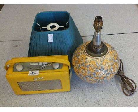 A Royal Doulton Slaters patent table lamp, a Roberts Revival radio plus a fire guard