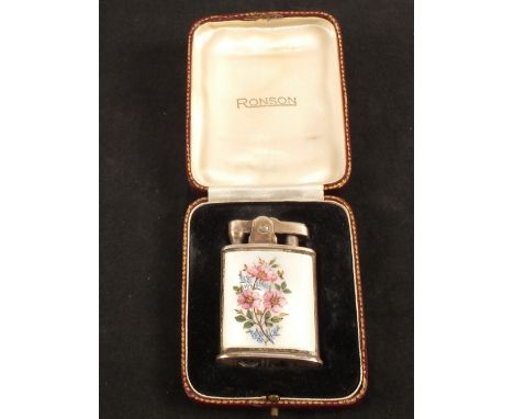 A cased Ronson silver and floral guilloche enamel cigarette lighter