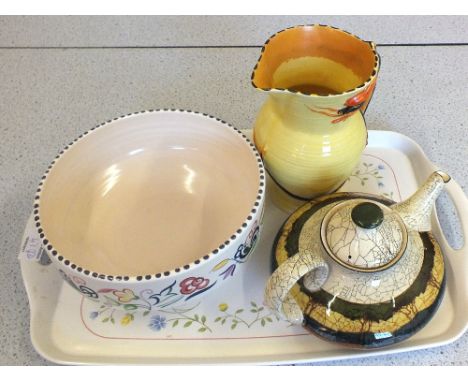 A pair of Victorian floral vases, a Burleigh ware jug, a Royal Doulton teapot plus a Poole bowl (two trays)