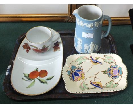 A Wedgwood blue and white jug, Honiton 'Newton' side plate plus a Royal Worcester Evesham pattern tea cup and saucer plate.  