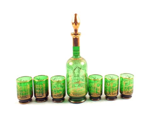 A Venetian green and gilt glass decanter and tumbler set