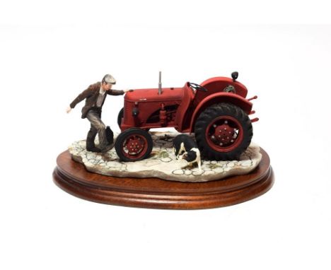 Border Fine Arts 'Kick Start' (David Brown Cropmaster Tractor, Farmer and Collie), model No. B0541 by Ray Ayres, on wood base