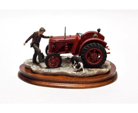 Border Fine Arts 'Kick Start' (David Brown Cropmaster Tractor, Farmer and Collie), model No. B0541 by Ray Ayres, on wood base