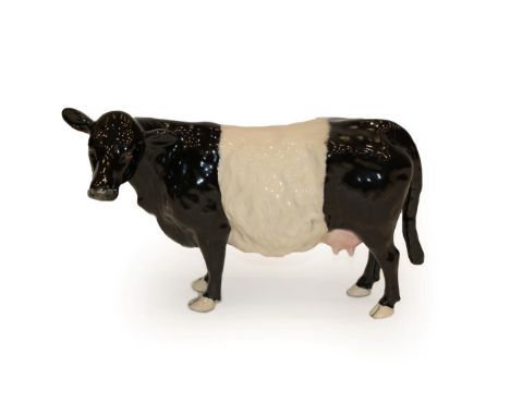 Beswick Belted Galloway Cow, model No. 4113A, black and white gloss .  There are initials on the front white belt, only visib