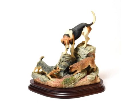 Border Fine Arts 'Fell Hound and Terriers', model No. B0885 by Anne Wall, limited edition 944/950, on wood base.  In good con