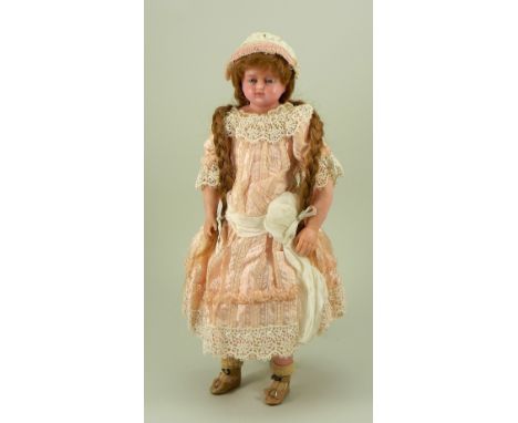 ‘Hermione’ a poured wax shoulder head doll by Pierotti, English circa 1870, the well moulded tinted pink face with inserted b