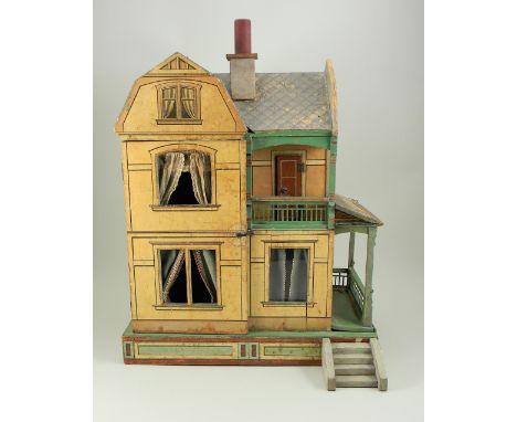 Moritz Gottschalk No.4244 Dolls House, circa 1907, the decorative lithographed façade with balcony to first floor both with o