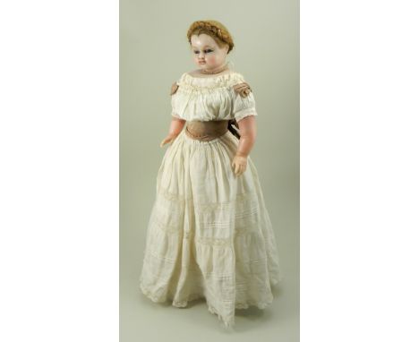 ‘Charlotte’ a poured wax shoulder head doll, probably by H.J Meech,  English circa 1870, the finely moulded face with inserte