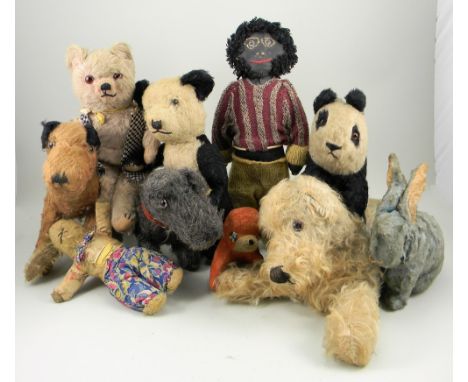 Collection of Teddy Bears and soft toys including Golly and dolls, 1930s, including Chiltern jointed mohair Panda, 13” (33cm)