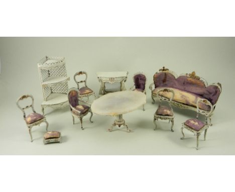 Rare set of Rock and Graner painted metal dolls house furniture, German circa 1870’s in white with gilt decoration, comprisin