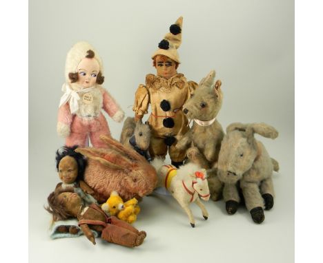 Collection of soft toys, English 1930’s, including a Chad Valley pink mohair Bunny rabbit, (lacks one eye), a kangaroo with b