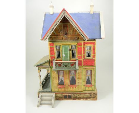 Moritz Gottschalk Dolls House, circa 1907, the decorative lithographed façade with balcony to first floor, with opening door,