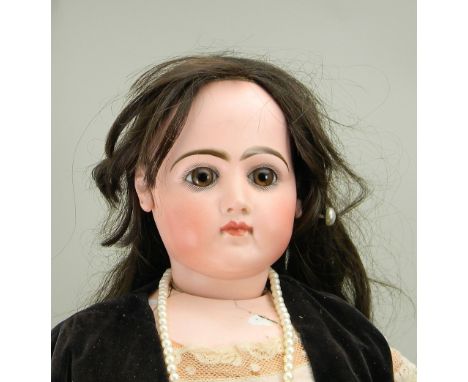 Large portrait Jumeau fashion doll, French circa 1870, bisque head with fixed  brown glass paper-weight eyes, painted lashes 