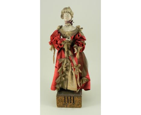 Rare and early papier-mache Court lady doll with string pull-mechanism, French circa 1800, with painted delicate features and