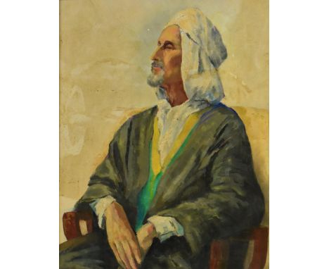 A 20th century oil on board portrait painting depicting a Middle Eastern Arab man, after Lawrence of Arabia. The sitter with 