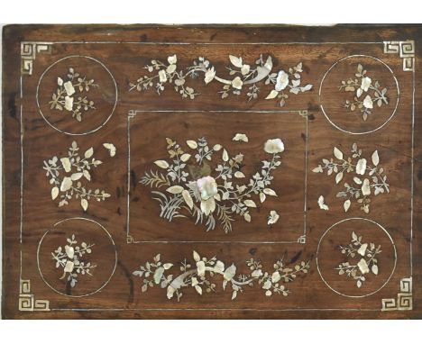 A 19th century Chinese mother of pearl inlaid mahogany decorative wooden wall panel, likely prior a table top. The panel feat