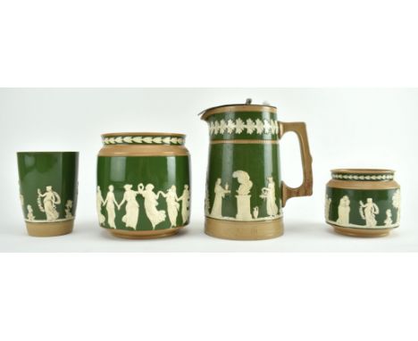 A collection of four late 19th century Copeland Late Spode green jasperware. The lot to include a green jasper jug pitcher wi