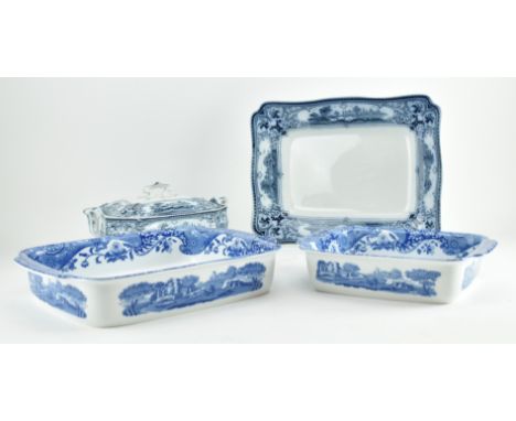Four late 19th &amp; early 20th century ceramic roasting dishes, plates and lidded tureen. The lot to include two Spode Itali