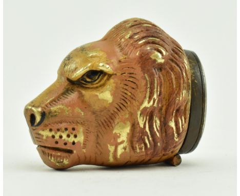 A 19th century Victorian cold painted brass snuff box in the form of a lion's head. With hinged lid and hand painted facial f