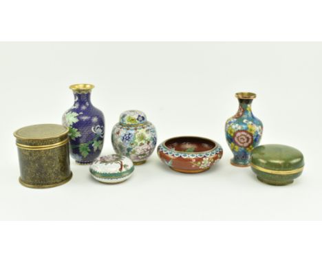 A group of 20th century Chinese cloisonne pieces. The lot comprising a blue small vase decorated with flowers, a famille fleu
