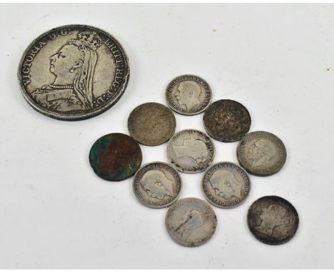 A collection of eleven Victorian &amp; later silver coins. The lot comprising an 1889 Queen Victoria silver crown, eight QV a