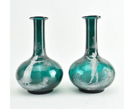 A pair of 19th century Victorian Mary Gregory green glass vases. Each vase decorated with white enamel figures, one depicting
