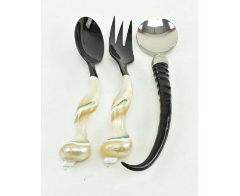 A pair of vintage mother of pearl conch shell handled salad serving spoons with ebony bowl, and an antelope horn handled poss