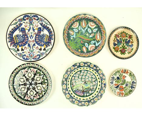 A collection of six vintage 20th century continental majolica plates. The lot comprising three Turkish examples, each with ra